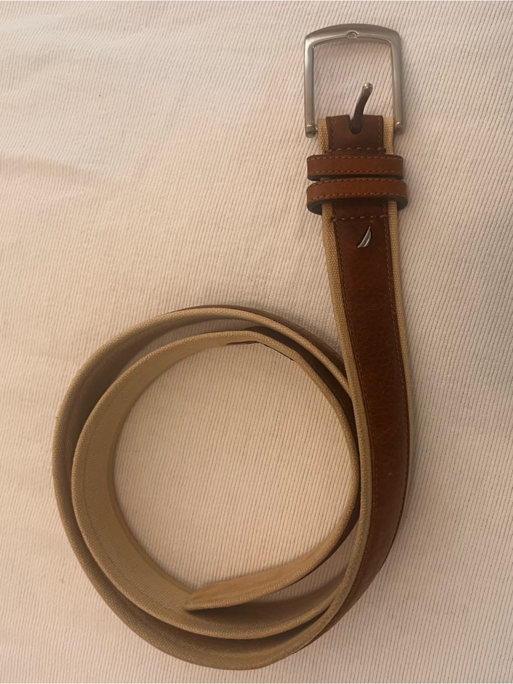 Nautica Brown Leather & Canvas Belt – Silver-Tone Buckle – Classic Preppy Style